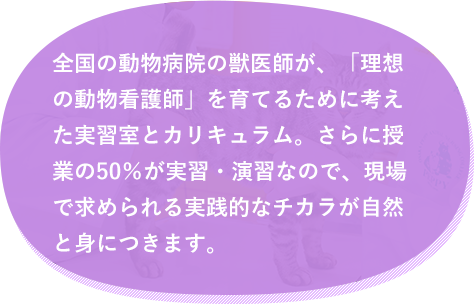 全国の動物病院の獣医師が、「理想の動物看護師」を育てるために考えた実習室とカリキュラム。さらに授業の50％が実習・演習なので、現場で求められる実践的なチカラが自然と身につきます。