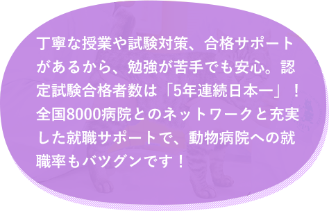 丁寧な授業や試験対策、合格サポートがあるから、勉強が苦手でも安心。認定試験合格者数は「5年連続日本一」！全国8000病院とのネットワークと充実した就職サポートで、動物病院への就職率もバツグンです！